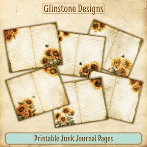 Printable Junk Journal Pages, Vintage-Style Sunflower and Bee Illustrations, Double Pages, Antique Paper, Handwriting, Scrapbooking