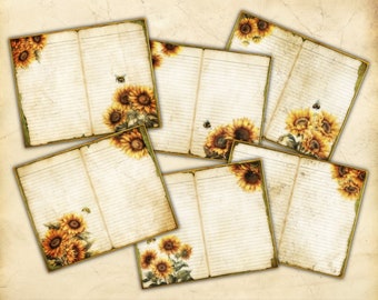 Printable Junk Journal Pages, Vintage-Style Sunflower and Bee Illustrations, Double Pages, Antique Paper, Handwriting, Scrapbooking