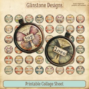 May include: Printable collage sheet with 36 round, colorful, vintage-style images featuring butterflies and words like "joy", "love", "beauty", "believe", "calm", "dream", "embrace", "faith", "friends", "inspire", "peace", "prosper", "radiant", "serene", "share", "strong", "success", "thanks", "thrive", "trust", "warmth", "wisdom", "wonder".