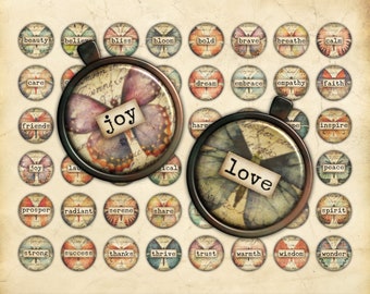 Printable 1 Inch Circles Collage Sheet, Inspirational Words, Butterflies, Scrapbook Ephemera, Journal Embellishment, Cabochon Bezel Insert