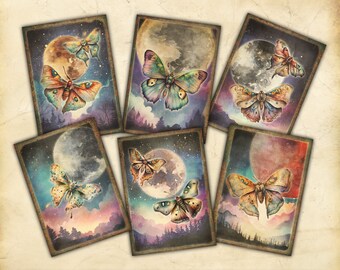Printable Art Cards, Watercolour Moon and Moths, Old Paper Pages, ATC, ACEO, Ephemera, Scrapbooking, Junk Journal, Card Making, Paper Craft
