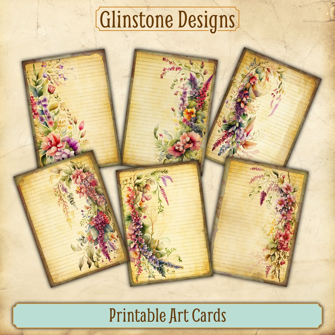 Printable Art Cards, Vintagestyle Flower Garland Illustrations, Lined