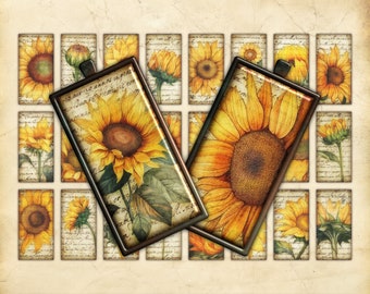 Printable Domino Collage Sheet, Sunflowers, Vintage-Style, Scrapbooking Ephemera, Junk Journal Embellishments, 1x2 Inches Rectangles