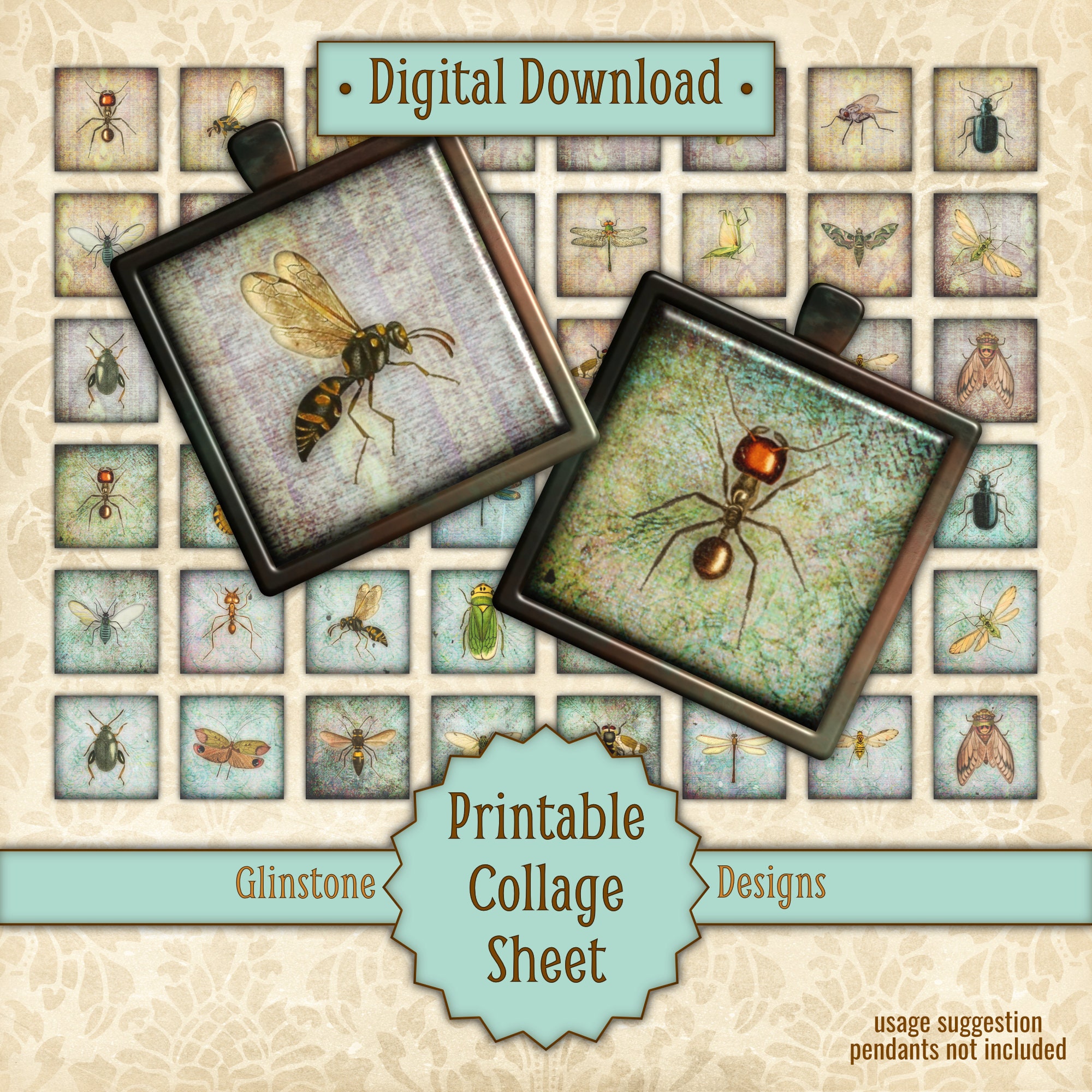 Printable 1x1 Inch Squares Collage Sheet Insects Vintage - Etsy