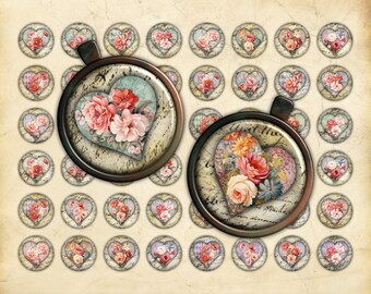 Printable 1 Inch Circles Collage Sheet, Hearts, Vintage-Style Flowers, Scrapbooking Ephemera, Journal Embellishment, Round Bezel Insert