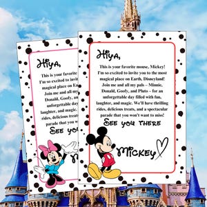 Carta de invitación de Disney, carta de Mickey Mouse, carta de Minnie Mouse, invitación infantil a Disneyland