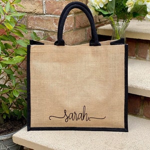Jute bag with scroll printed name. Hessian Shopper, Glitter print