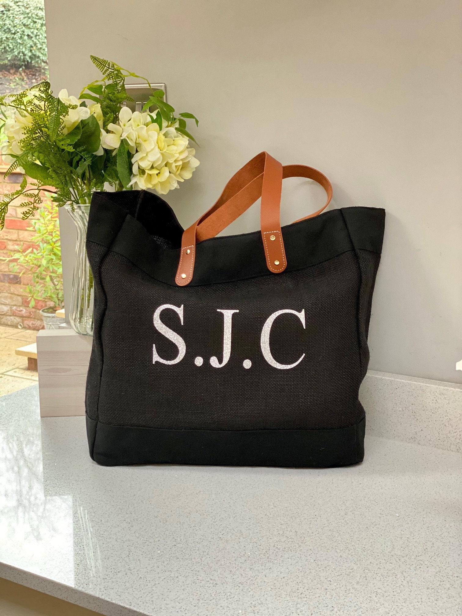 personalised jute bag with leather handles