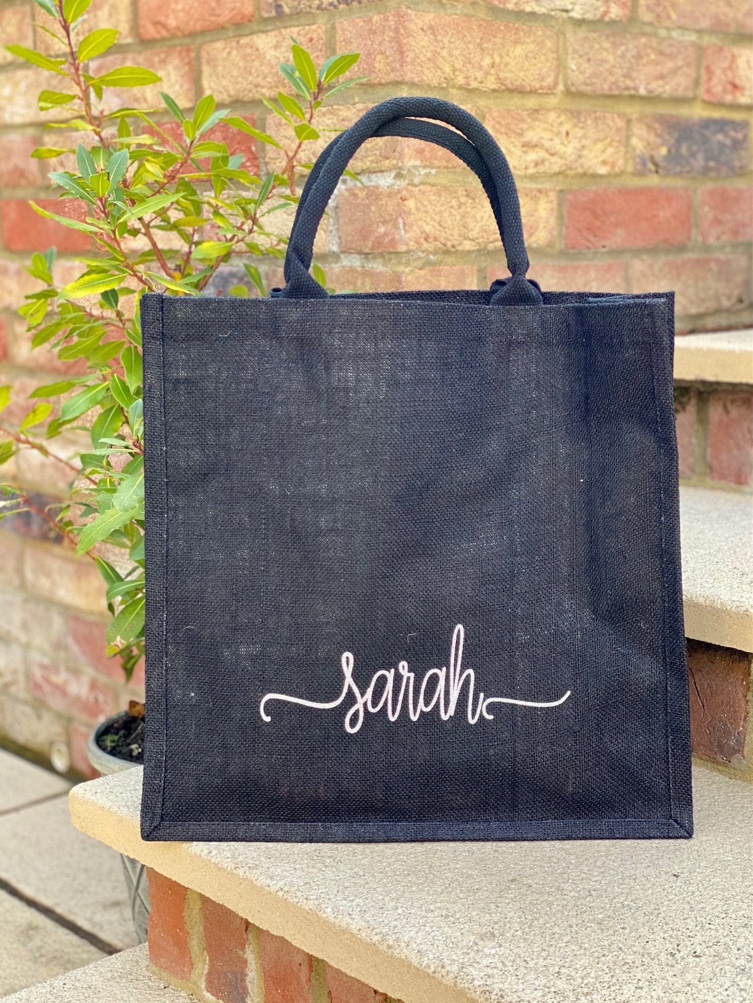 Large black jute bag personalised with a name Etsy