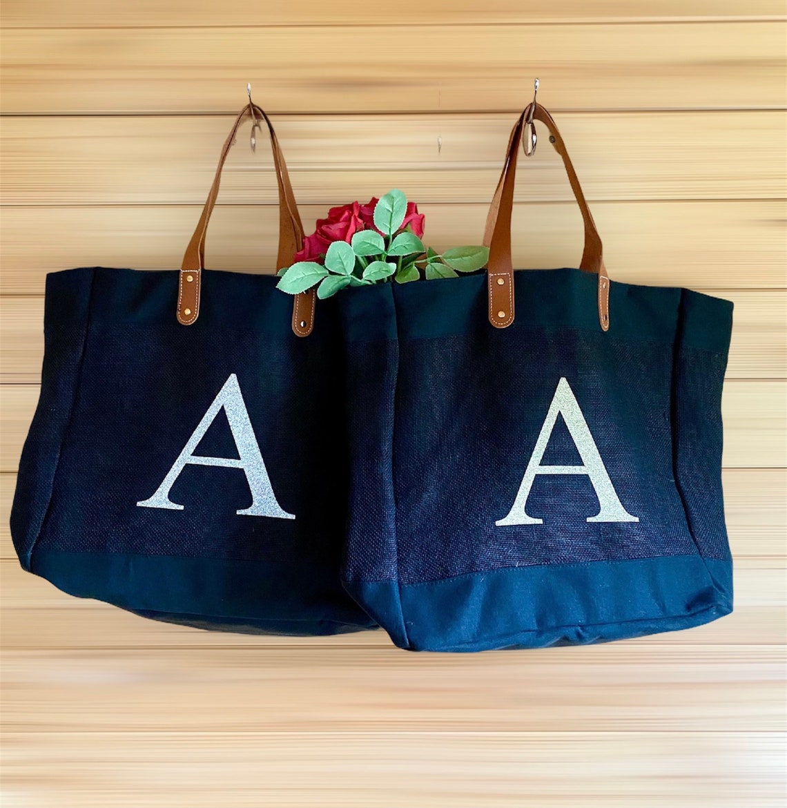 personalised jute bag with leather handles