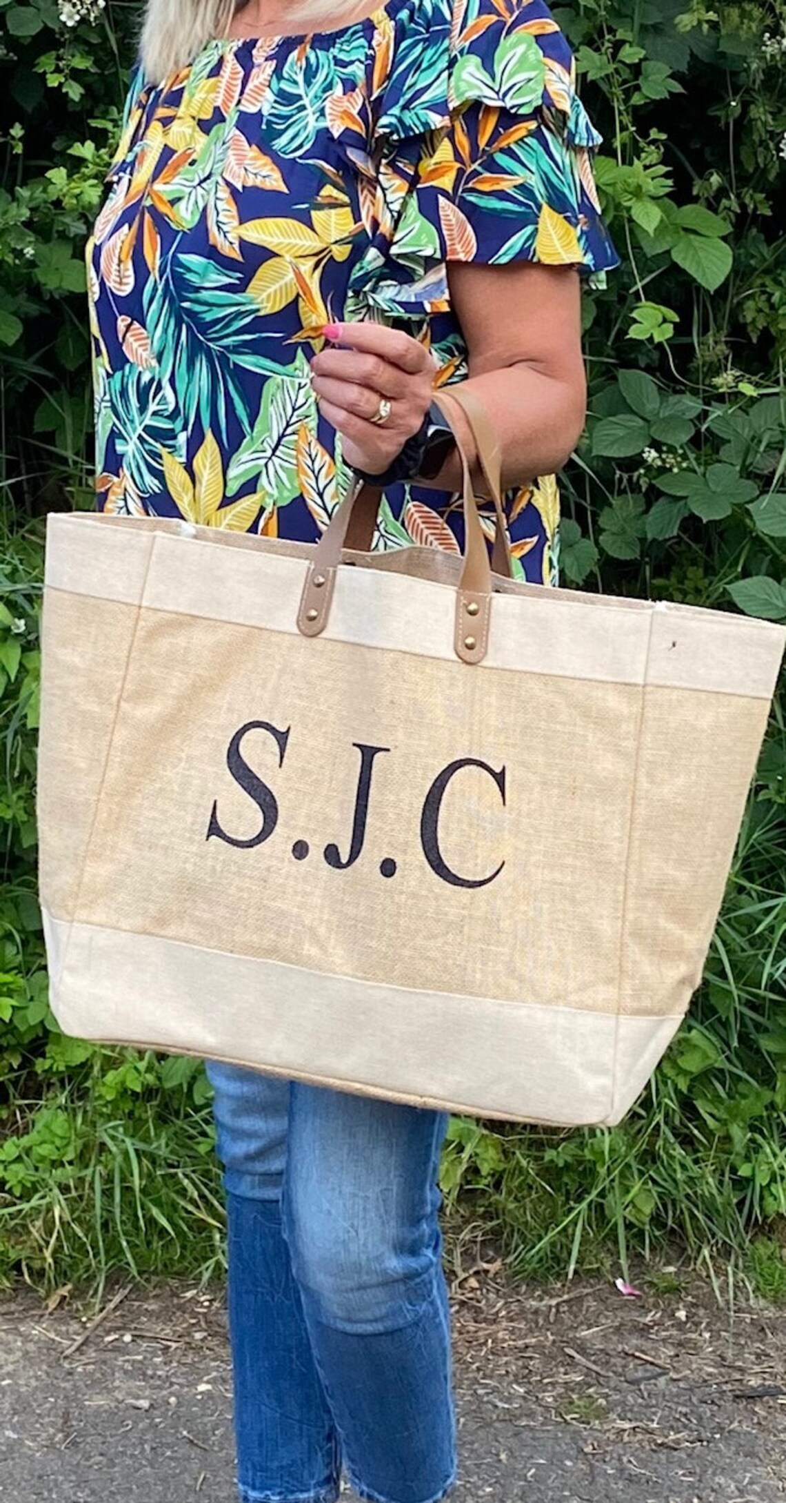 personalised jute bag with leather handles