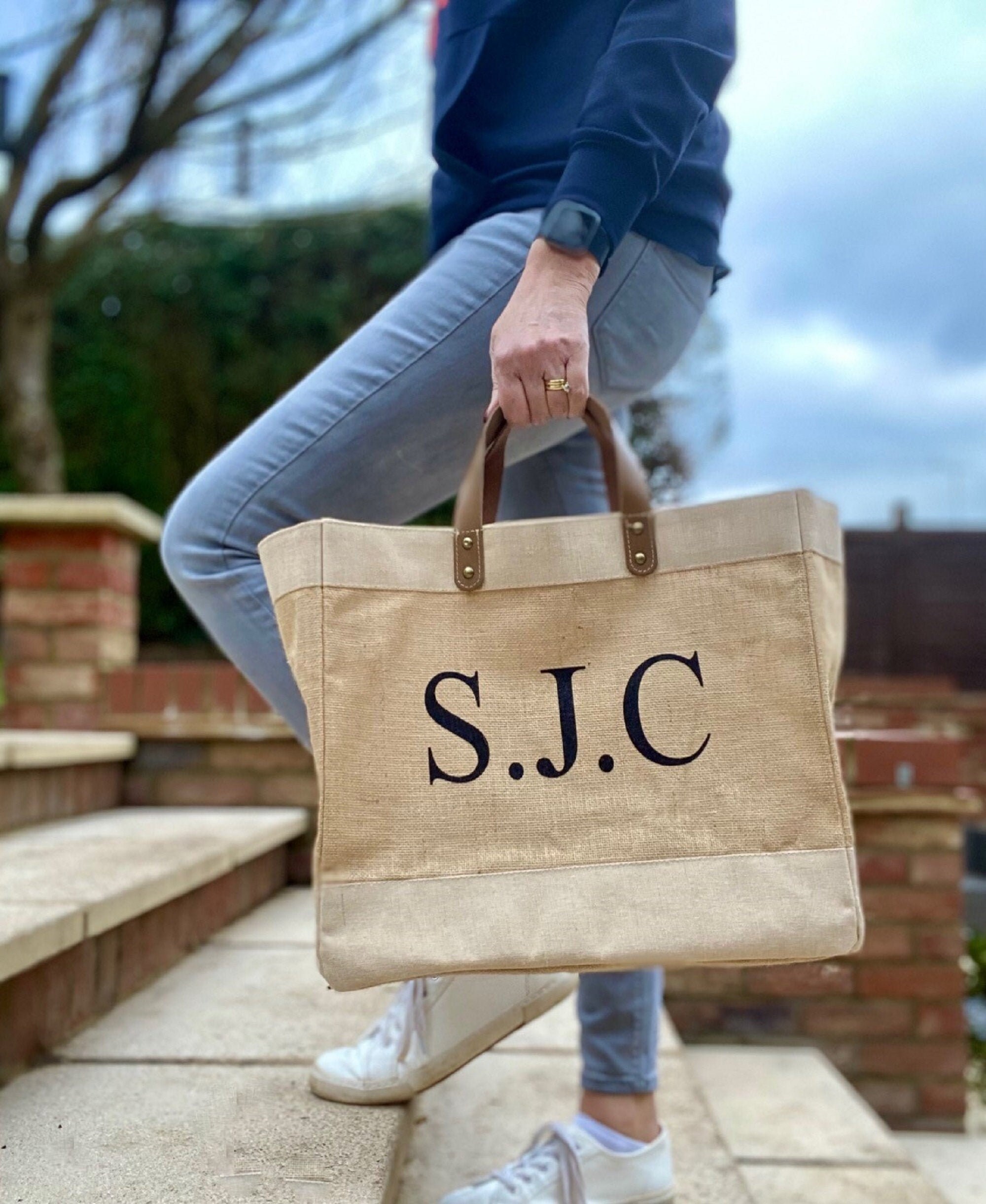 personalised jute bag with leather handles