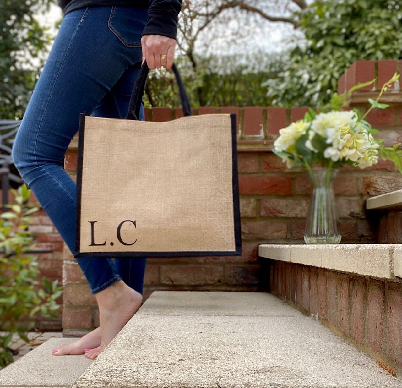Jute Bag, Personalised Black Glitter Initials, Natural Hessian, Bag F…