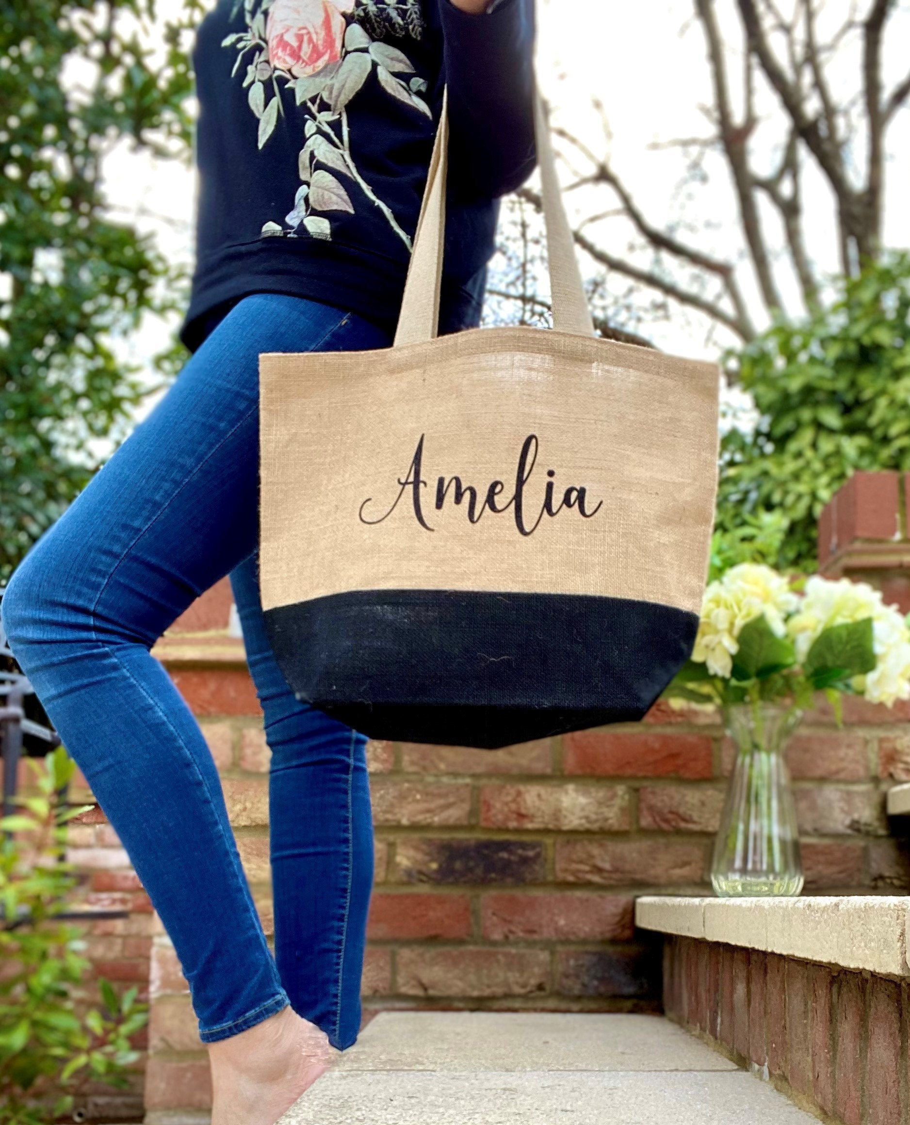 Large contrast jute bag personalised with a name Hessian Etsy