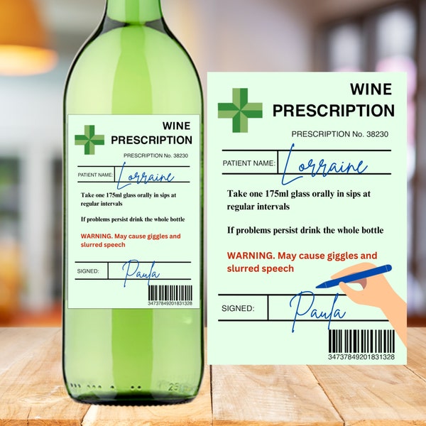 Personalisable Prescription Wine Label, Novelty Gift (75x110mm)