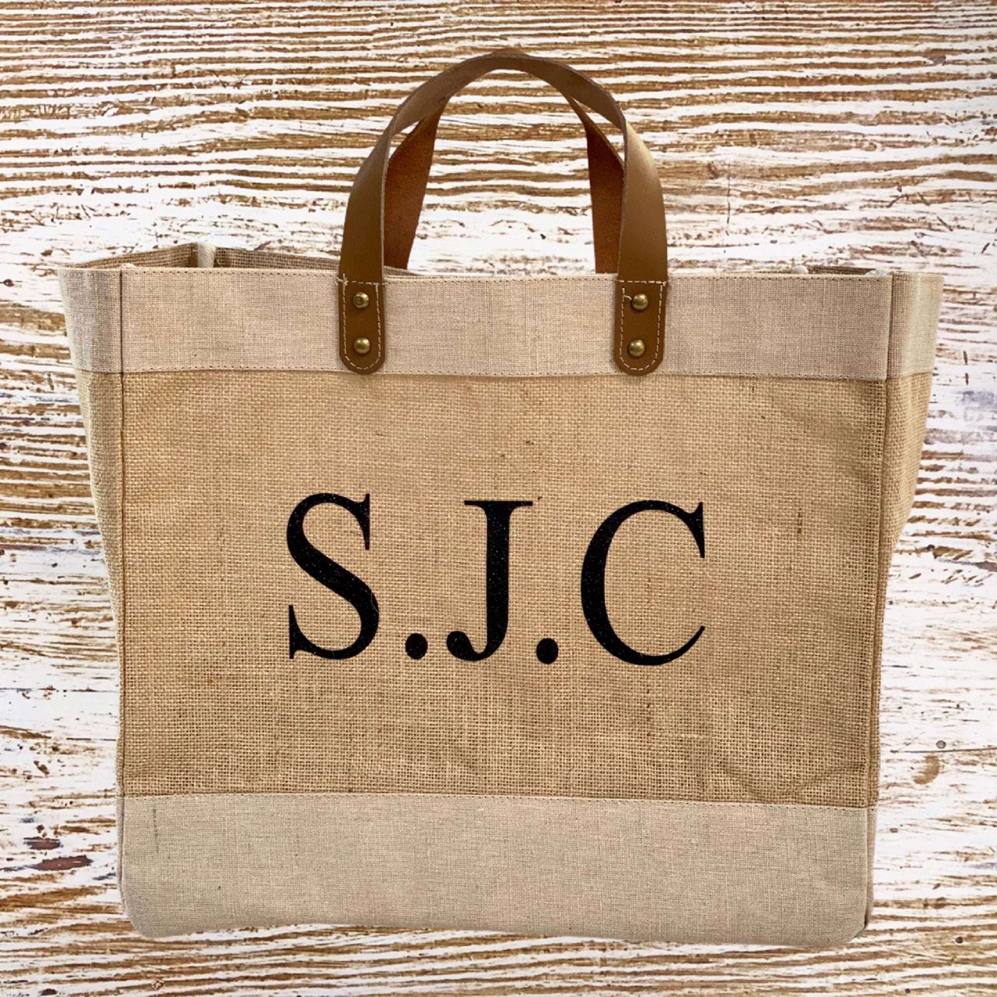 personalised jute bag with leather handles