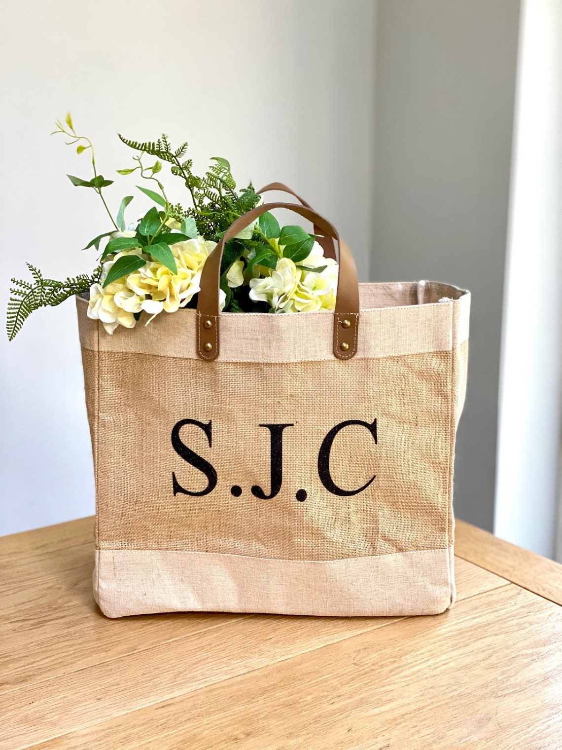 personalised jute bag with leather handles