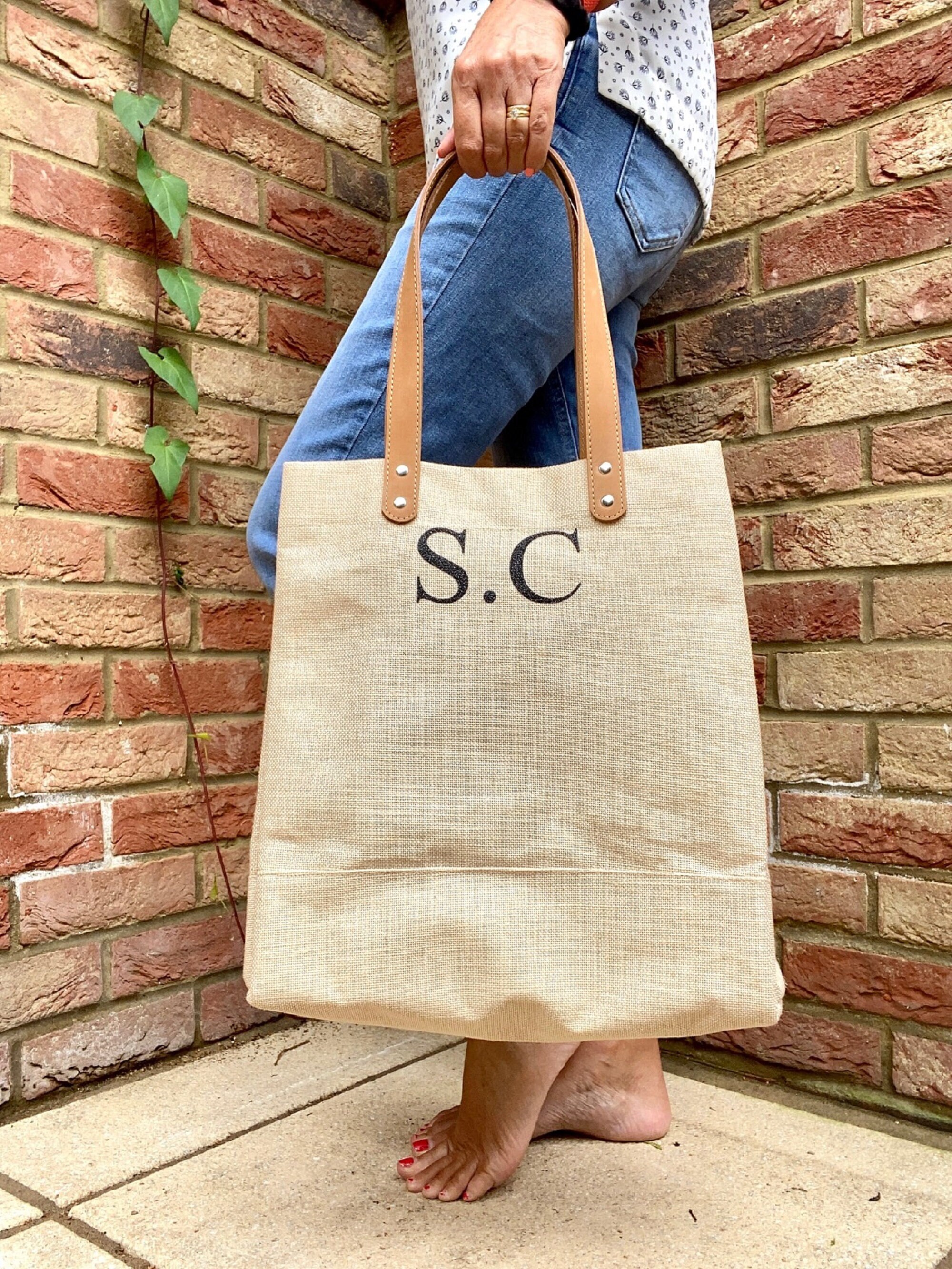 Personalised initials Juco Bag with Leather Handles Jute Mix Etsy