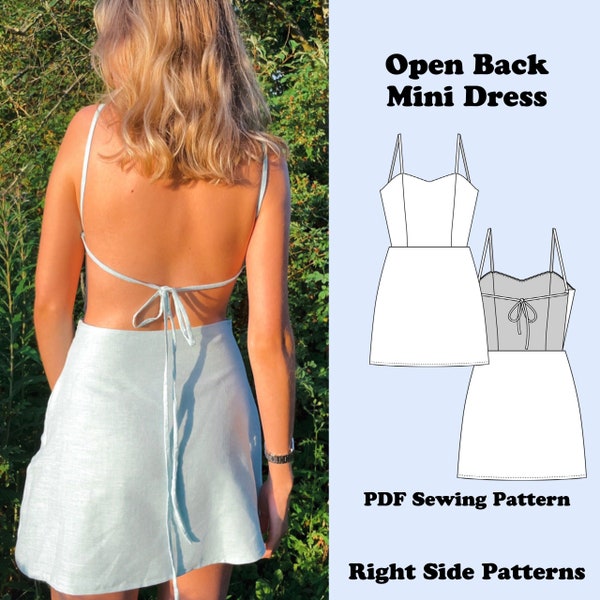 PDF Open Back Mini Dress Pattern | Uk Size 4 - 20 | US Size 2 - 16 | Instant download print at home A4, US Letter