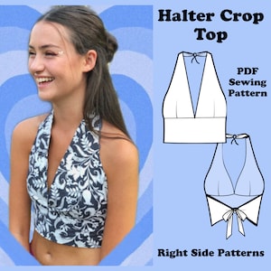 Halter Crop Top PDF Padrão de Costura | Reino Unido Tamanho 4 - 18 | Tamanho EUA 0 - 14 | Impressão instantânea para download em casa A4, Carta dos EUA