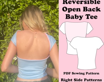PDF Reversible low back tee crop top sewing pattern | Uk Size 4 - 20 | US Size 0 - 16 | Instant download print at home A4, US Letter