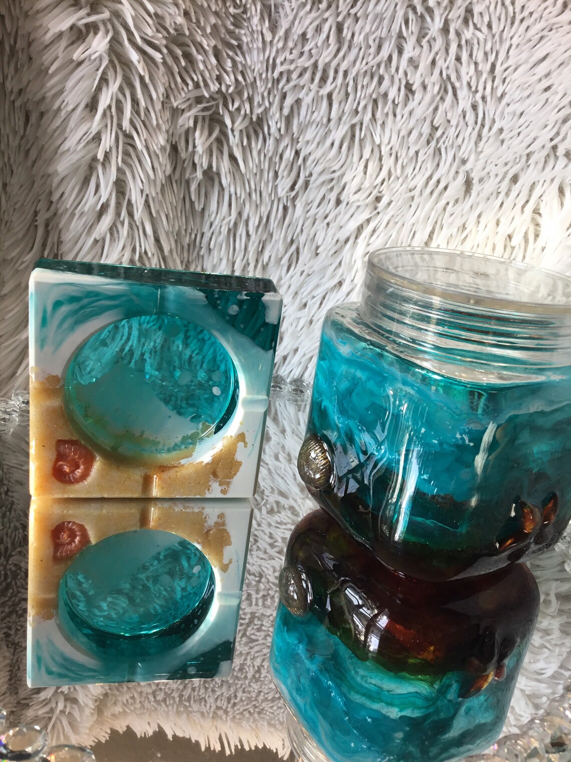 Beach themed ashtray and matching storage jar with 3D shells Etsy.de