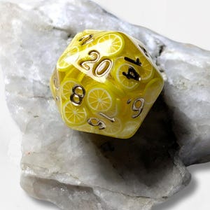 Lemon D20 DND Dice Dungeons and Dragons RPG Tabletop Board Games Spring Summer Citrus Fruit Kawaii Cute Bright Neon Unique Tiny Polymer Clay