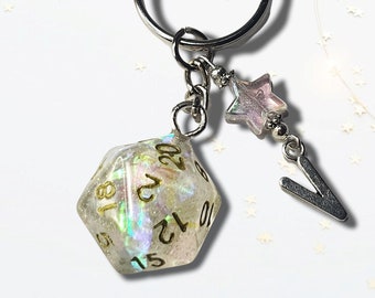 D20 DND Keyring Keychain Dungeons and Dragons Initial Star Charm Gold Inscription Holographic Translucent Silver Glitter Sparkle Shimmer