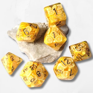 7 Lemon DND Dice Dungeons and Dragons RPG Tabletop Board Games Spring Summer Citrus Fruit Kawaii Cute Bright Neon Unique Tiny Polymer Clay