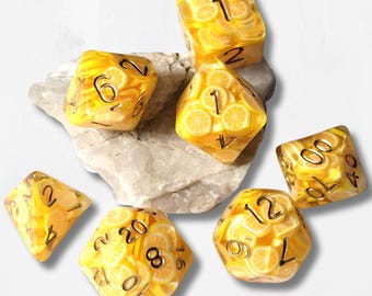 7 Lemon DND Dice Dungeons and Dragons RPG Tabletop Board Games Spring Summer Citrus Fruit Kawaii Cute Bright Neon Unique Tiny Polymer Clay