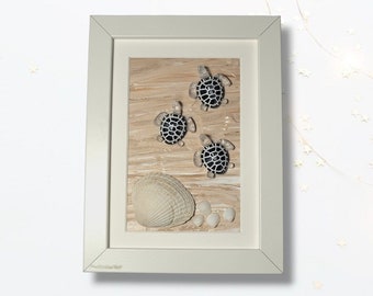 Customisable Turtle Beach Picture Unique Real Shells White Frame Wall Art Wall Hanging Table Picture Frame Tortoise Fish Sea Marine Ocean