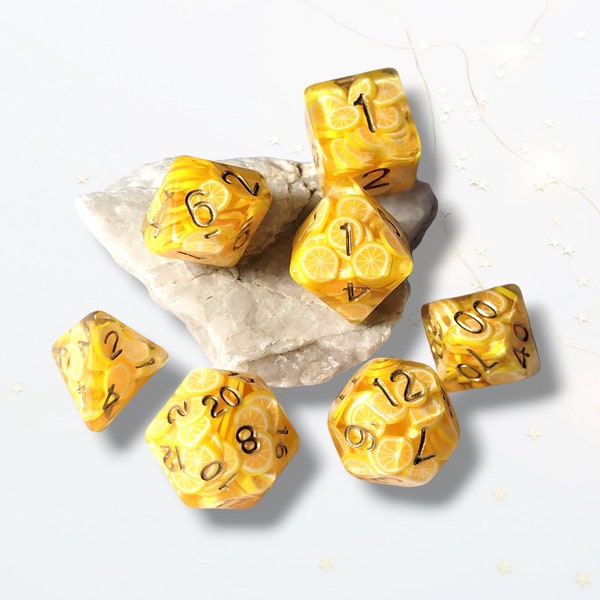 7 Lemon DND Dice Dungeons and Dragons RPG Tabletop Board Games Spring Summer Citrus Fruit Kawaii Cute Bright Neon Unique Tiny Polymer Clay
