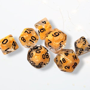 7 Orange DND Dice Black Inscription Tabletop Board Games Dungeons and Dragons RPG Spring Summer Citrus Fruit Kawaii Cute Bright Neon Unique