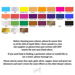May include: A color chart with 24 different paint colors, including Aqua, Opal, Sunbright Yellow, Tangerine, Golden Yellow, Calabaza Orange, Pink, Santa Fe Red, Coral, Chili Pepper Red, Senorita Magenta, Passion Purple, Sangria Maroon, Blue Violet, Sapphire Blue, Baja Blue, Pearl, Lime Green, Rainforest Green, Burro Brown, Havana Brown, Brass, White, and Mantilla Black. The chart also includes a note about a change in ink supplier and how the colors may appear different.