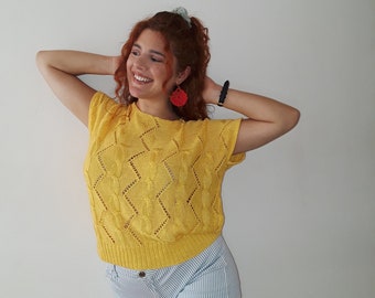 90s Vintage knitted yellow casual summer cardigan top