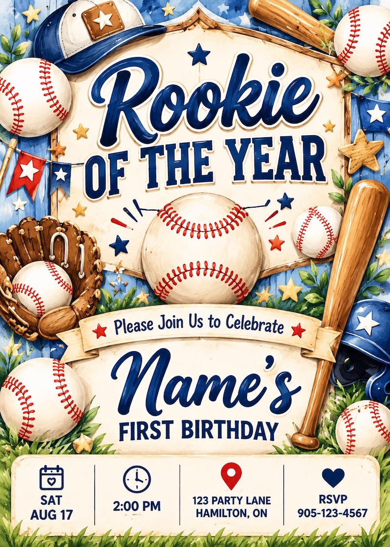 Rookie of the Year 1st Birthday Invitation, Baseball First Birthday Boy ...