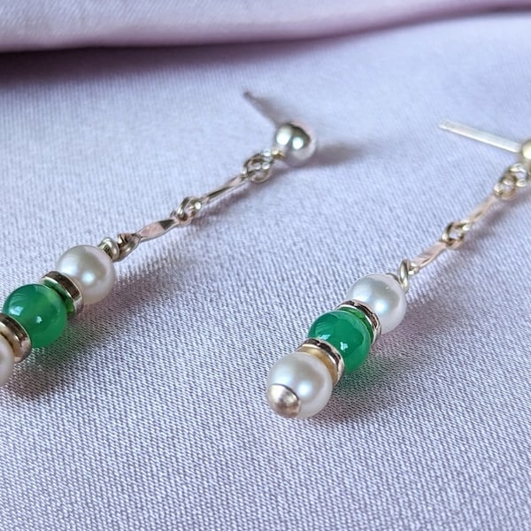 Sterling silver, delicate chrysoprase and pearl earrings