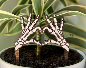 Skeleton Heart Hands Plant Stake - Halloween Plant Accessory Laser Engraved