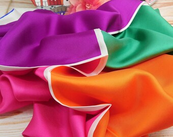 100 % Silk Scarf, Square Silk Scarf, Purple, Orange, Green, Hot Pink Tones, in Modern Design, Gift For Her, Bold Style, Vintage Scarf