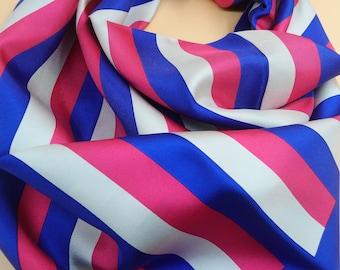 100 % Silk Scarf, Square Scarf, Vintage Head Scarf, Hot Pink, Dark Blue, Beige Tones ,with Stripes ,Romantic Gift For Her, 85 cm x 85 cm.