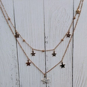 Collier double chaîne en or rose, petites étoiles, étoile de zircone, collier en acier inoxydable, livré avec maman, soeurs, carte BFF