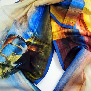 100 % Mulberry Silk Scarves, Multicolour Tones, Sailing Boat, Van Gogh Night Cafe,  Modern Print, Neck Scarf, Shawl, Gift For Art Lover