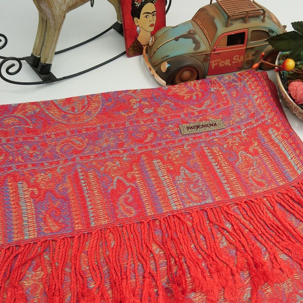 Silk Pashmina, Red, Green, Purple Tones, Paisley Design, Wrap, Shawl, 70 cm x 185 cm, Very Soft, Timeless Gift For Her