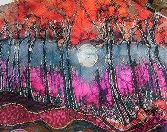 100 % Organic Cotton Scarves, New Arrivals!!, Long Neck Scarf, Colourful Bandana, Full Moon, Forest, Water-Colour Print, 45 cm x 160 cm.