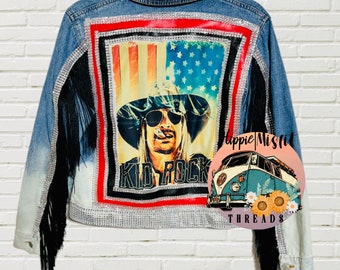 Customized Denim Jacket, Rhinestone & Fringe, American Flag, Kid Rock
