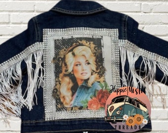 Custom Dolly Parton Denim Jacket, Rhinestone Fringe