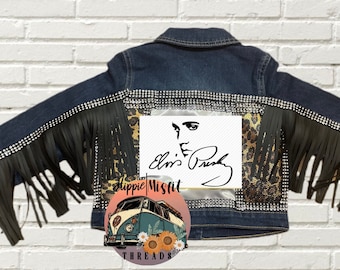 Elvis Custom Denim Jacket, Bleached Denim, Fringed Jacket, Girls Custom Denim Jacket, Gifts for Her, Christmas Apparel