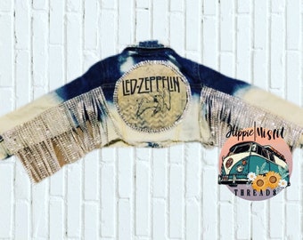 Led Zeppelin Denim Jacket, Rhinestone Fringe, Bleached Denim