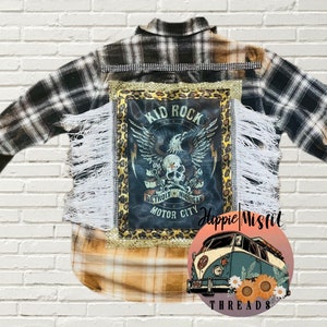 Women&#39;s Custom Flannel, Bleached Flannel, Gifts for Her, Kid Rock Flannel, Fringed Flannel, Flannel Shirt, Concert Shirt, Country Music