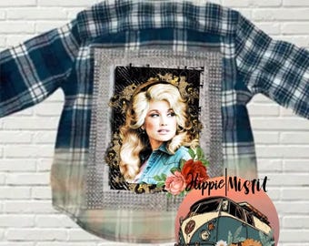 Custom Dolly Parton Bleached Flannel Shirt: Rhinestone/Sequin Trim